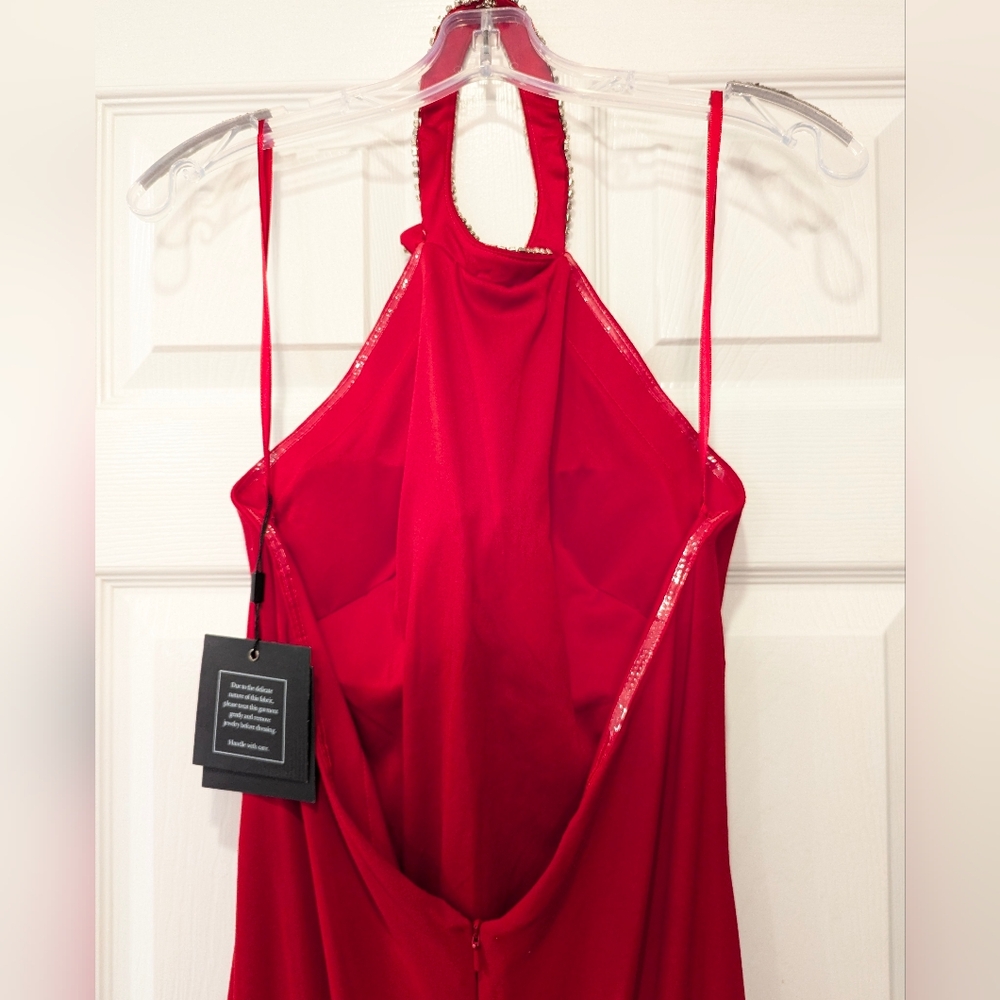 NWT Ieena For Mac Duggal Red Halter high slit long maxi dress rhinestone gown 8 - Picture 14 of 16